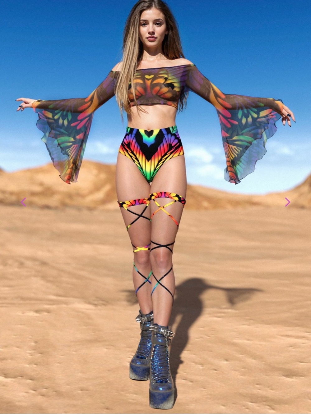 Rainbow Quiver Mesh Off Shoulder Top Set